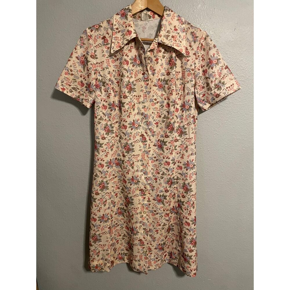 Vintage Americana Dress Womens 16 Cream Floral Shirt Button Up Cottagecore 70s